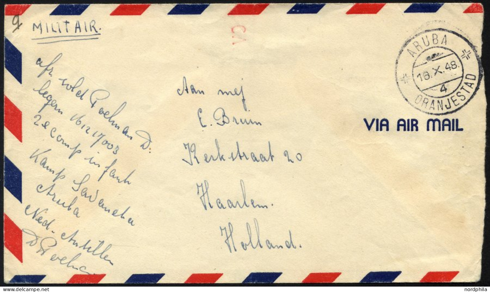 NIEDERLANDE 1948, Portofreier Militärbrief Aus Aruba/Niederländische Antillen, Feinst (Öffnungsmängel) - Niederländische Antillen, Curaçao, Aruba