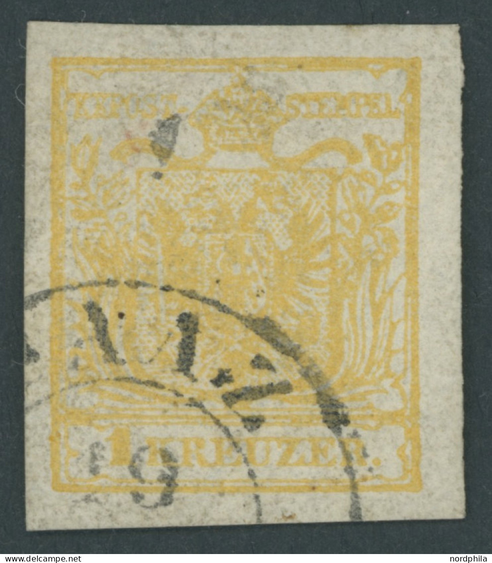 ÖSTERREICH BIS 1867 1Xa O, 1850, 1 Kr. Ockergelb, Handpapier, Type III, Großes Wasserzeichen-Teil!, K2 (S)AAZ, Pracht, F - Andere & Zonder Classificatie