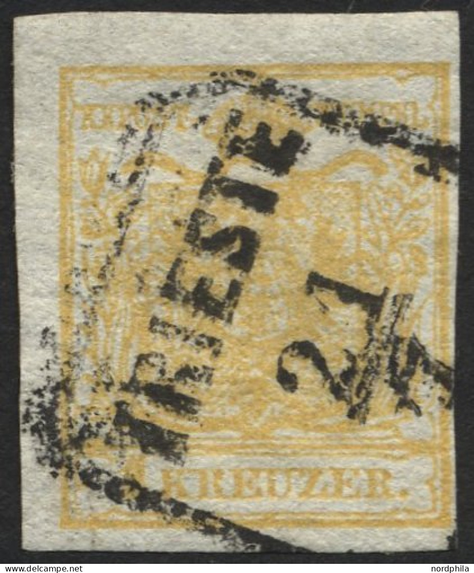 ÖSTERREICH 1XaDG O, 1850, 1 Kr. Gelb, Handpapier, Doppelseitiger Druck, Stempel TRIESTE, Pracht, Mi. 180.- - Used Stamps