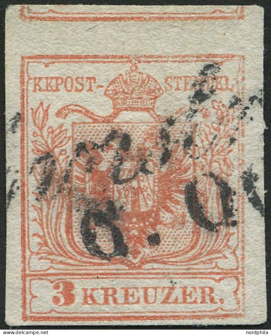 ÖSTERREICH 3Xc O, 1850, 3 Kr. Rosa, Handpapier, Type IIIa, Mit Teil Der Oberen Marke Und Plattenfehler Im Rechten Rahmen - Gebruikt