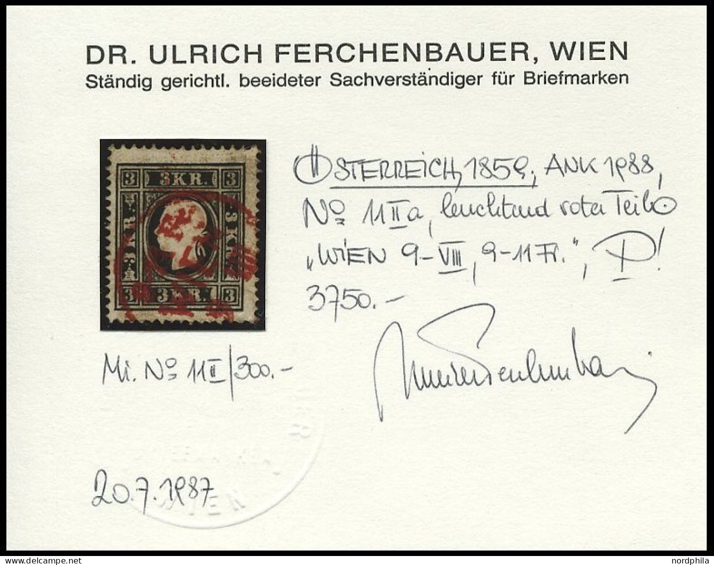 ÖSTERREICH 11II O, 1858, 3 Kr. Schwarz, Type II, Roter K1 WIEN, Pracht, Fotobefund Dr. Ferchenbauer - Used Stamps