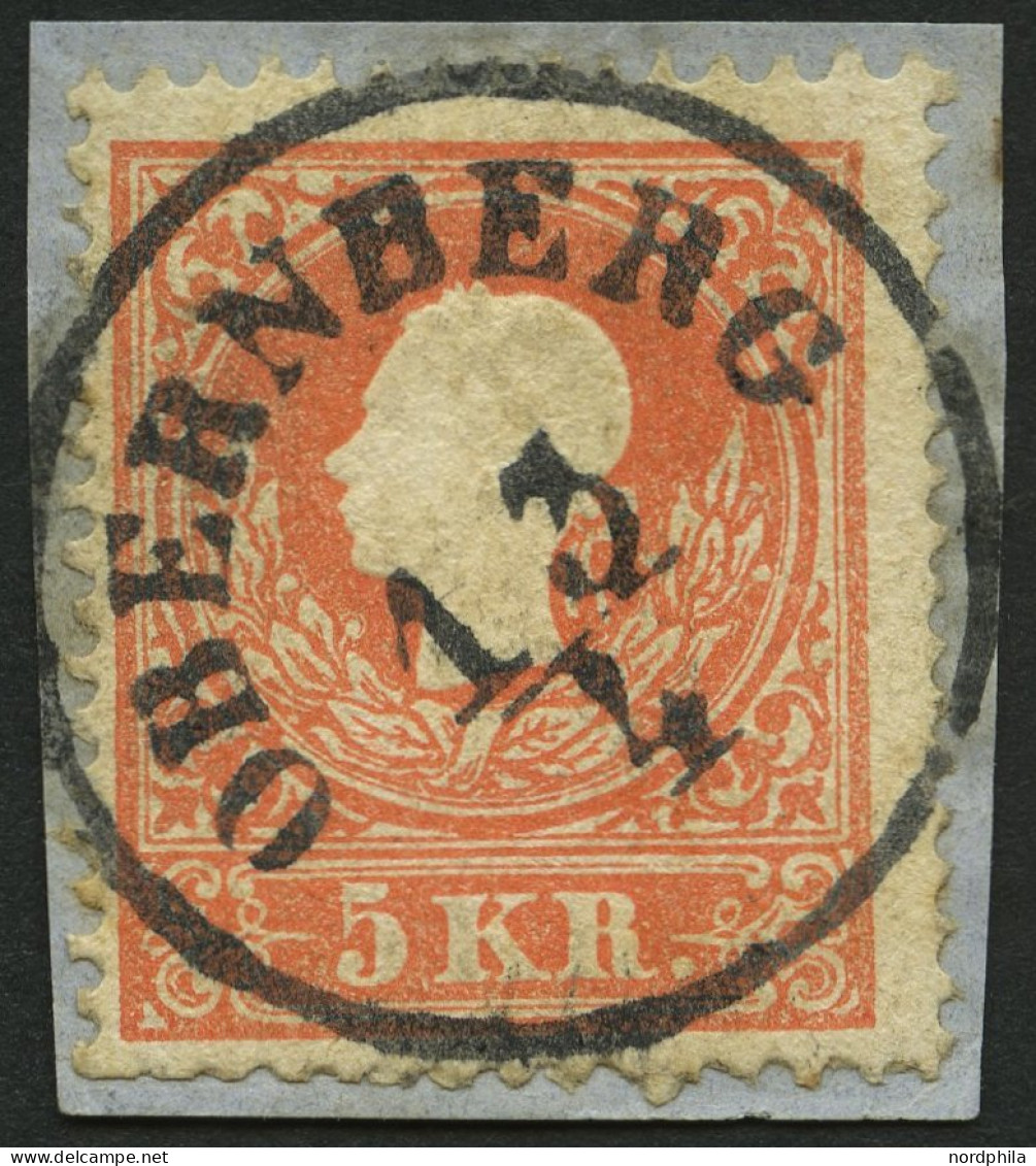 ÖSTERREICH 13I BrfStk, 1858, 5 Kr. Rot, Type I, Zentrischer K1 OBERNBERG, üblich Gezähnt, Prachtbriefstück - Other & Unclassified