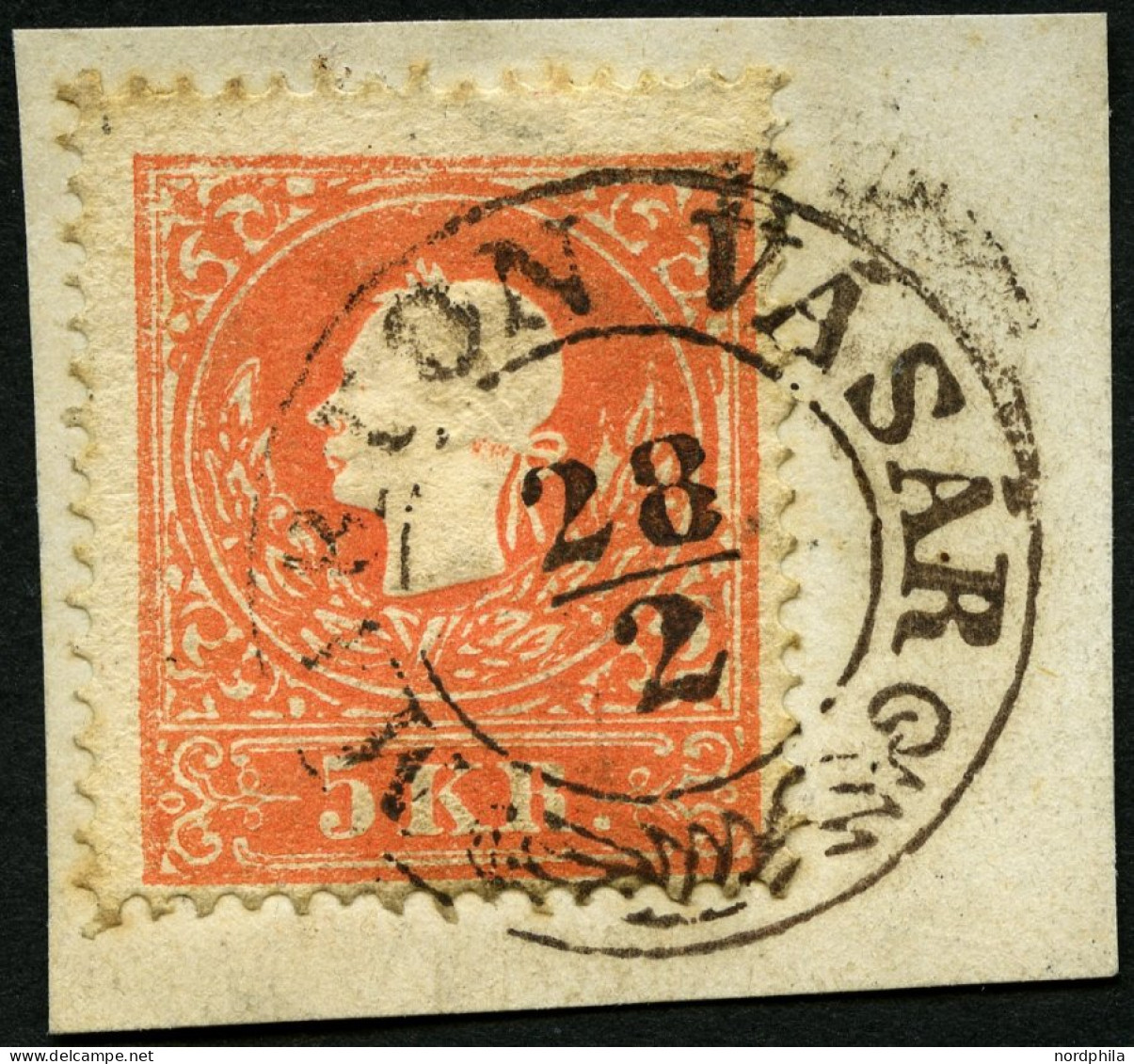 ÖSTERREICH 13II BrfStk, 1859, 5 Kr. Rot, Type II, Mit Ungarischem K2 MARTON VASAR, Prachtbriefstück - Gebruikt