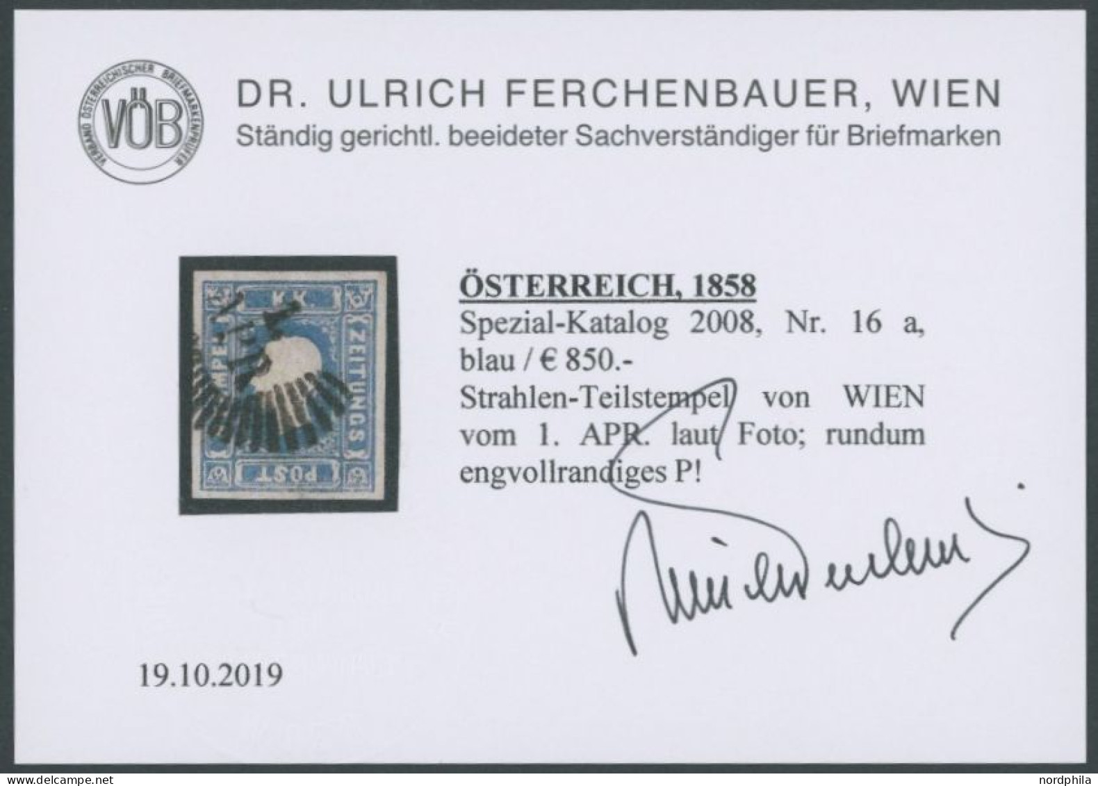 ÖSTERREICH BIS 1867 16a O, 1858, 1.05 Kr. Blau, Strahlenstempel Von WIEN, Pracht, Fotobefund Dr. Ferchenbauer, Mi. 700.- - Sonstige & Ohne Zuordnung