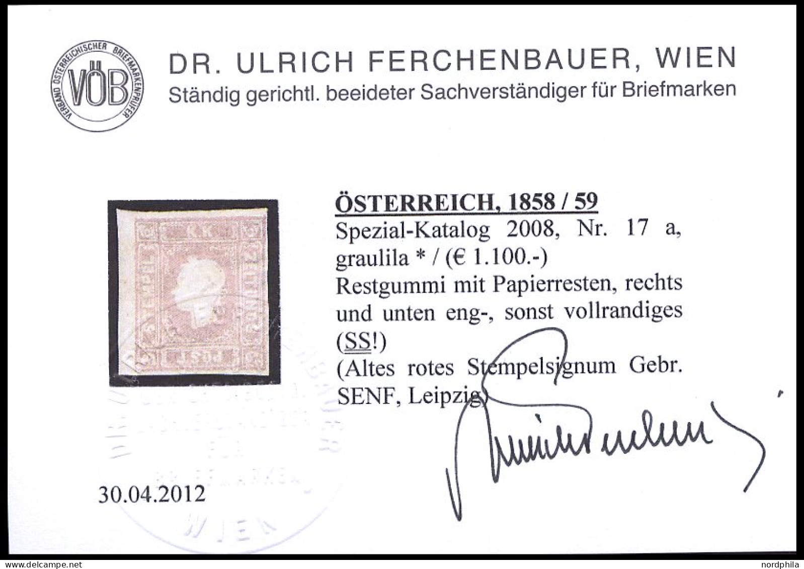 ÖSTERREICH , 1858, 1.05 Kr. Graulila, Gummireste, Schmal-vollrandig, Pracht, Fotobefund Dr. Ferchenbauer, Mi. 900.- - Used Stamps