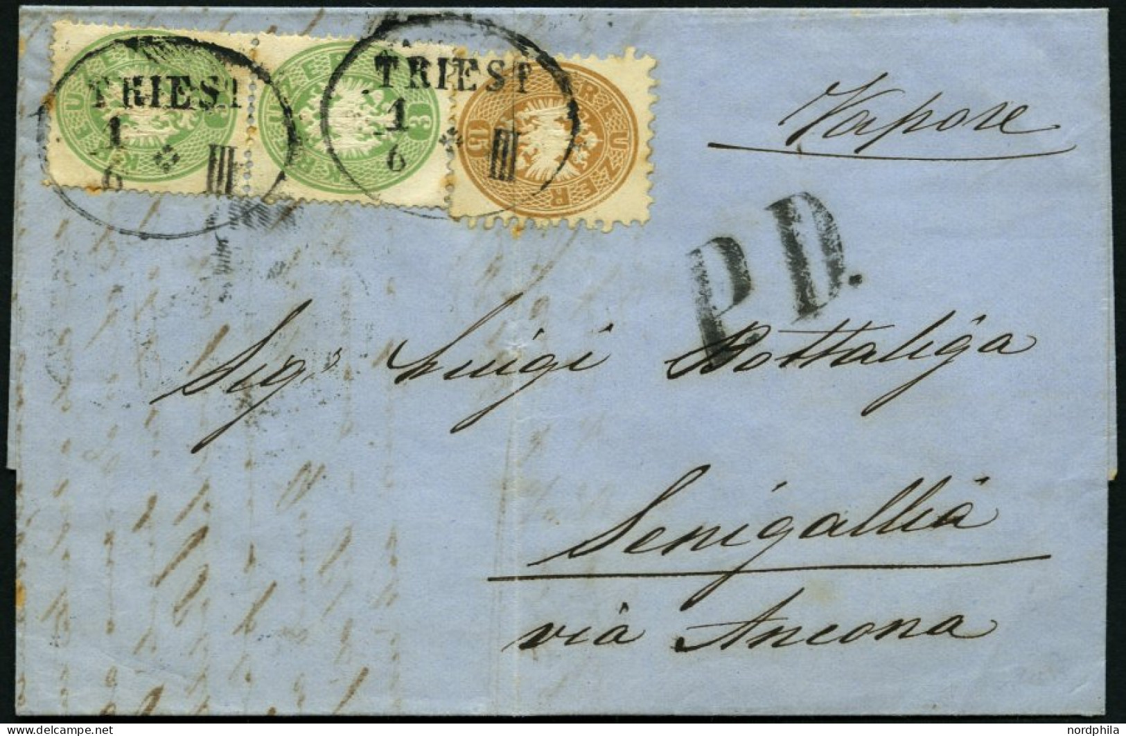 ÖSTERREICH 25 Paar,34 BRIEF, Mischfrankatur: 1863, 3 Kr. Grün Im Senkrechten Paar Und 15 Kr. Braun (senkrechter Reg.-bug - Used Stamps