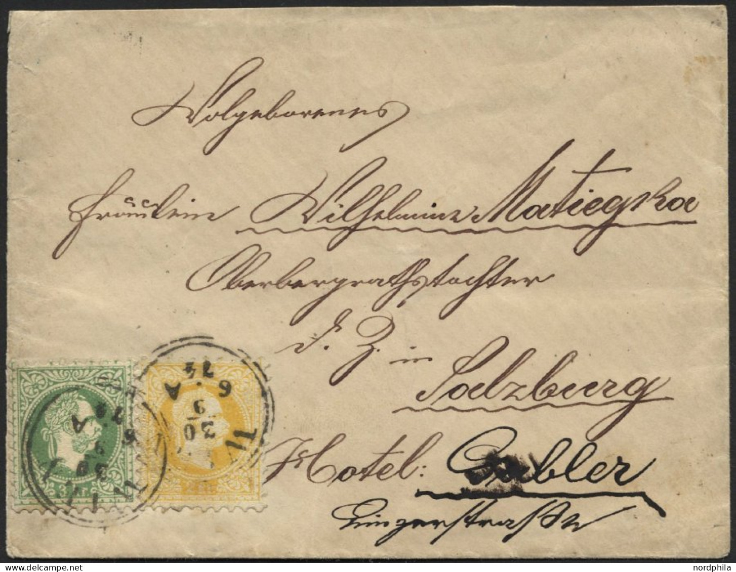 ÖSTERREICH 35/6I BRIEF, 1874, 2 Kr. Gelb Und 3 Kr. Grün, Grober Druck, Auf Brief Von WIEN Nach Salzburg, Pracht - Used Stamps
