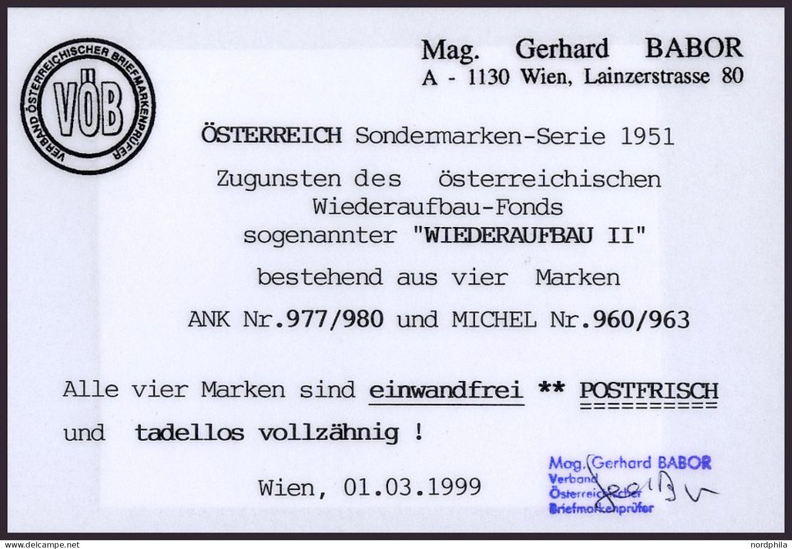 ÖSTERREICH 960-63 , 1951, Wiederaufbau, Prachtsatz, Fotobefund Babor, Mi. 80.- - Oblitérés