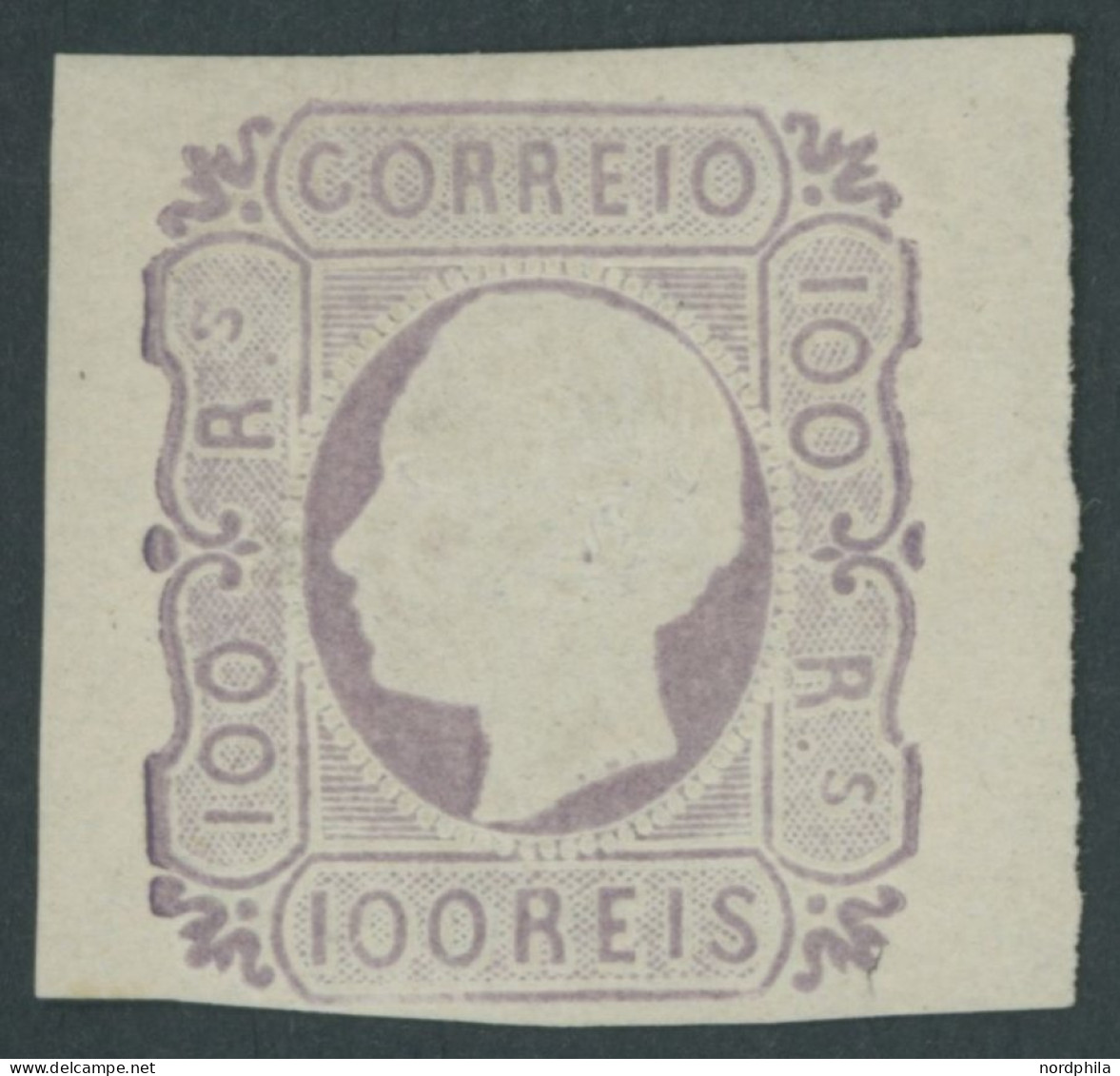 PORTUGAL 16 , 1862, 100 R. Lila, Falzreste, Links Unten Lupenrandig Sonst Voll-breitrandig, Farbfrisches Prachtstück, Fo - Other & Unclassified
