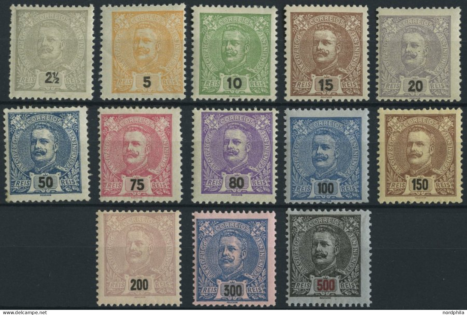 PORTUGAL 124-37 , 1895, König Carlos I, Falzreste, 13 Werte (ohne Mi.Nr. 129), üblich Gezähnt Pracht, Mi. 600.- - Gebraucht