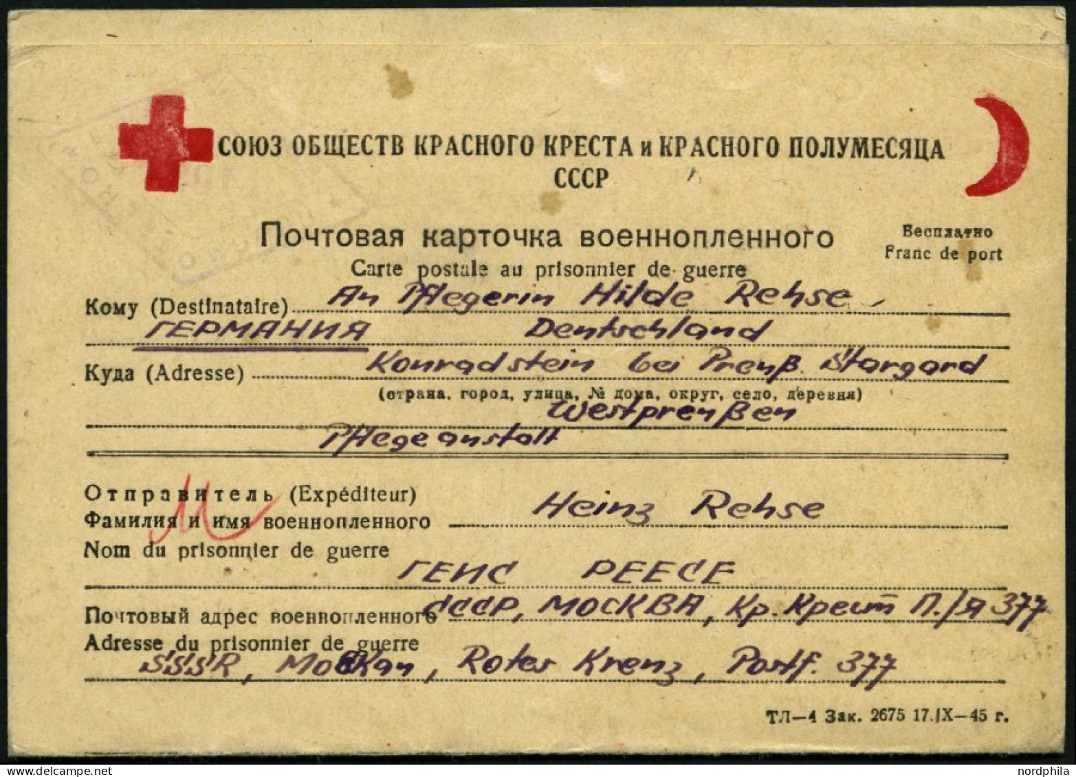 RUSSLAND 1946, Rotes Kreuz-Kriegsfangenen-Vordruckkartenbrief Von Russland Nach Deutschland, Mit Rückantwortkarte, Feins - Gebruikt