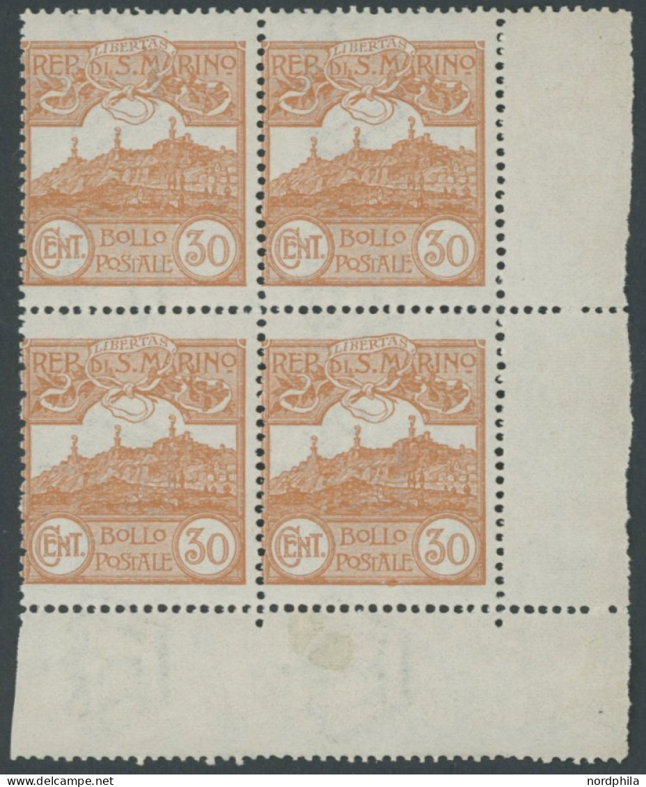 SAN MARINO 114 VB , 1925, 30 C. Orange Im Eckrandviererblock, Postfrisch, Pracht, Mi. 240.- - Sonstige & Ohne Zuordnung