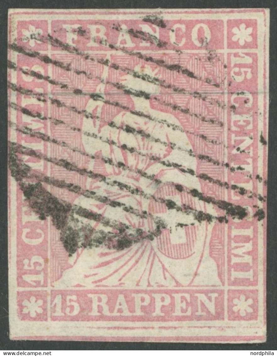 SCHWEIZ BUNDESPOST 15IIAzm O, 1857, 15 Rp. Rosa, Berner Druck II,(Zst. 24F), Auf Seidenpapier, Schwarze Raute, Allseits  - Autres & Non Classés