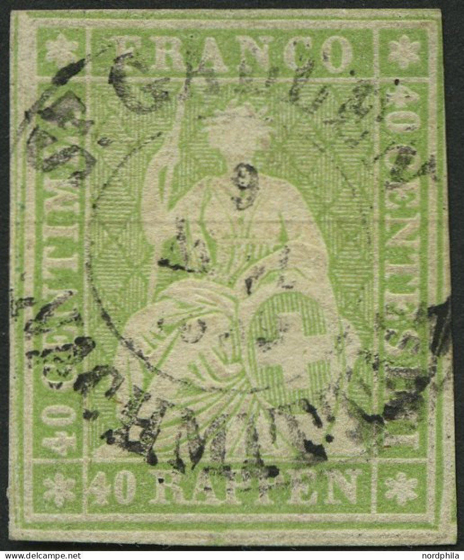 SCHWEIZ BUNDESPOST 17IIAyr O, 1855, 40 Rp. Gelblichgrün, Braunroter Seidenfaden, Berner Druck II, (Zst. 26Cb), K2 ST. GA - Gebruikt