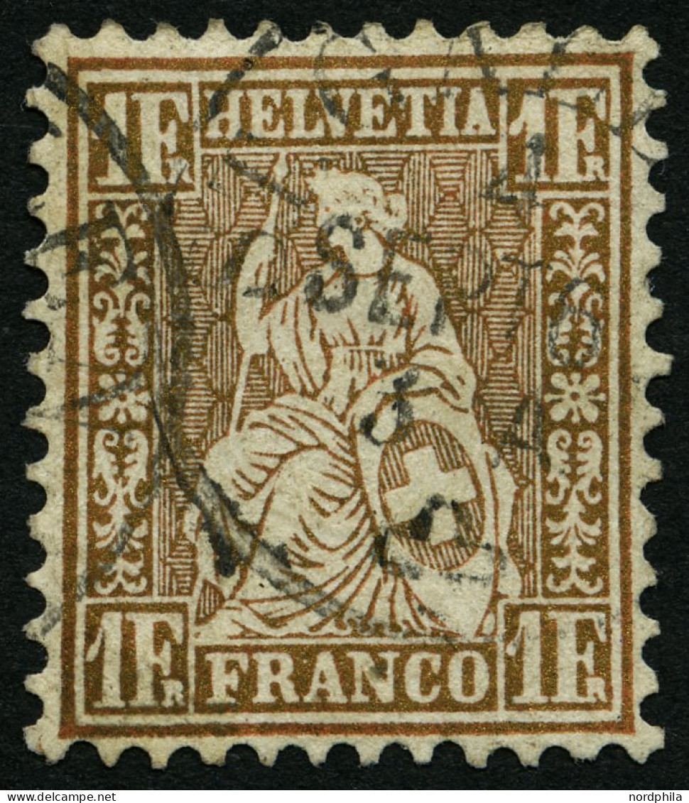 SCHWEIZ BUNDESPOST 28a O, 1863, 1 Fr. Goldbronze, Eckzahnbug Sonst Pracht, Mi. 420.- - Used Stamps