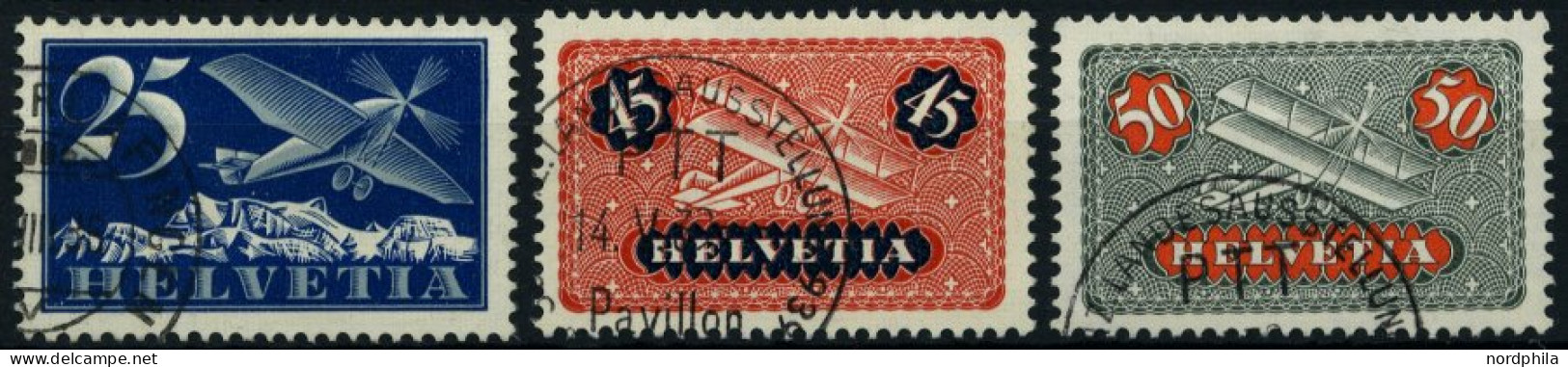 SCHWEIZ BUNDESPOST 180,183/4z O, 1937, 25 Und 45 C. Flugpost, Gestrichenes Faserpapier, 3 Prachtwerte, Mi. 115.- - Gebraucht