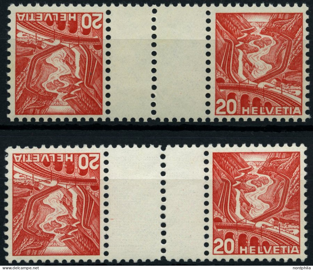 ZUSAMMENDRUCKE KZ 11yC,zC , 1937, Landschaften Kehrdrucke 20 + Z + 20, Beide Gummierungen, Zwischensteg Senkrecht Gezähn - Zusammendrucke