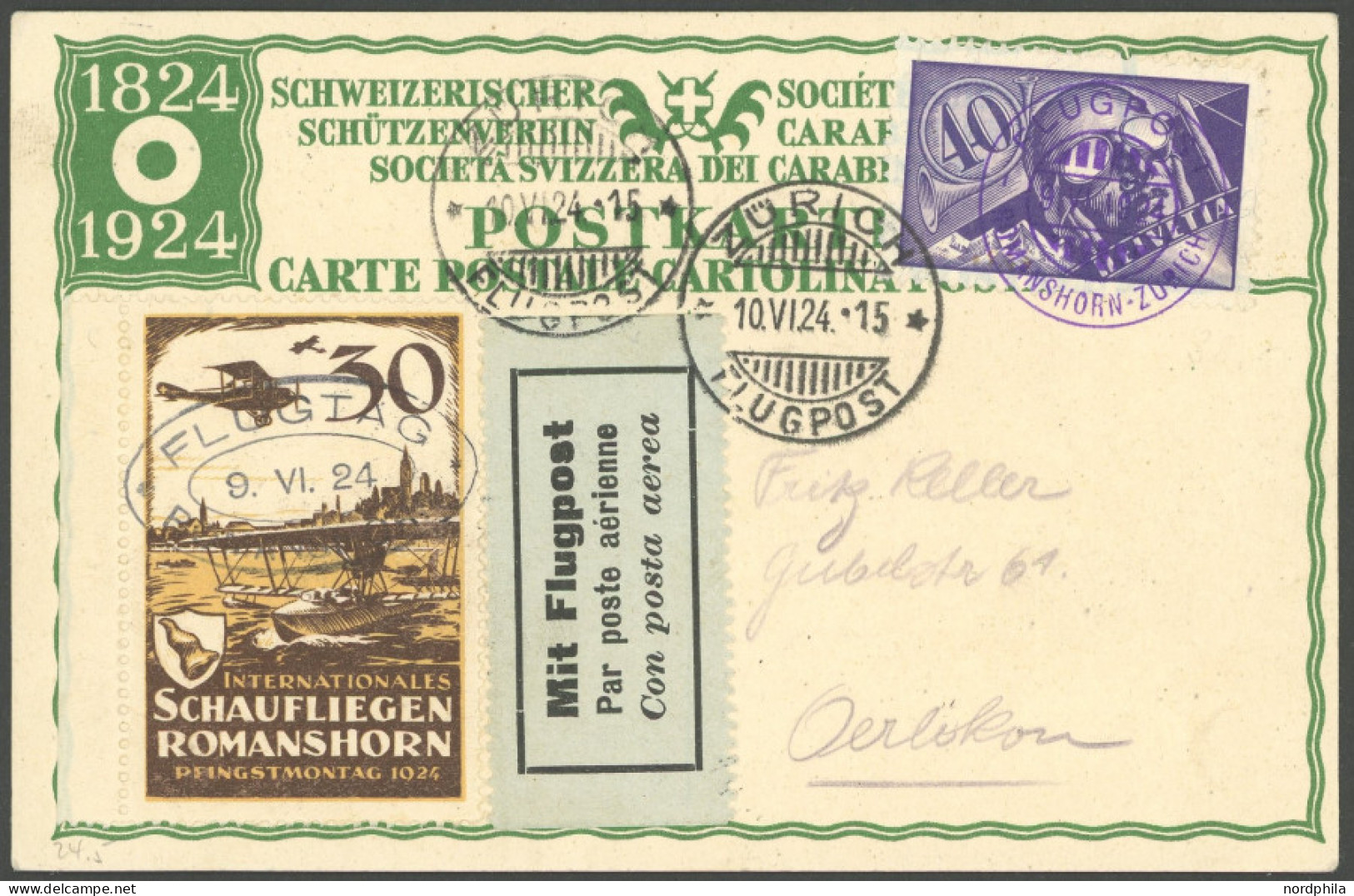 LUFTPOST SF 24.5 BRIEF, 9.6.1924, Schaufliegen ROMANSHORN Mit Vignette 30 Rp. Und Mi.Nr. 182, Prachtkarte - First Flight Covers