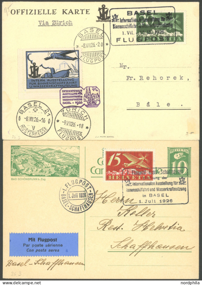 LUFTPOST SF 26.3 BRIEF, 1.7.1926, 1. BINNENSCHIFFFAHRTSAUSSTELLUNG BASEL, 2 Verschiedene Karten, 1x Mit Vignette, Pracht - First Flight Covers