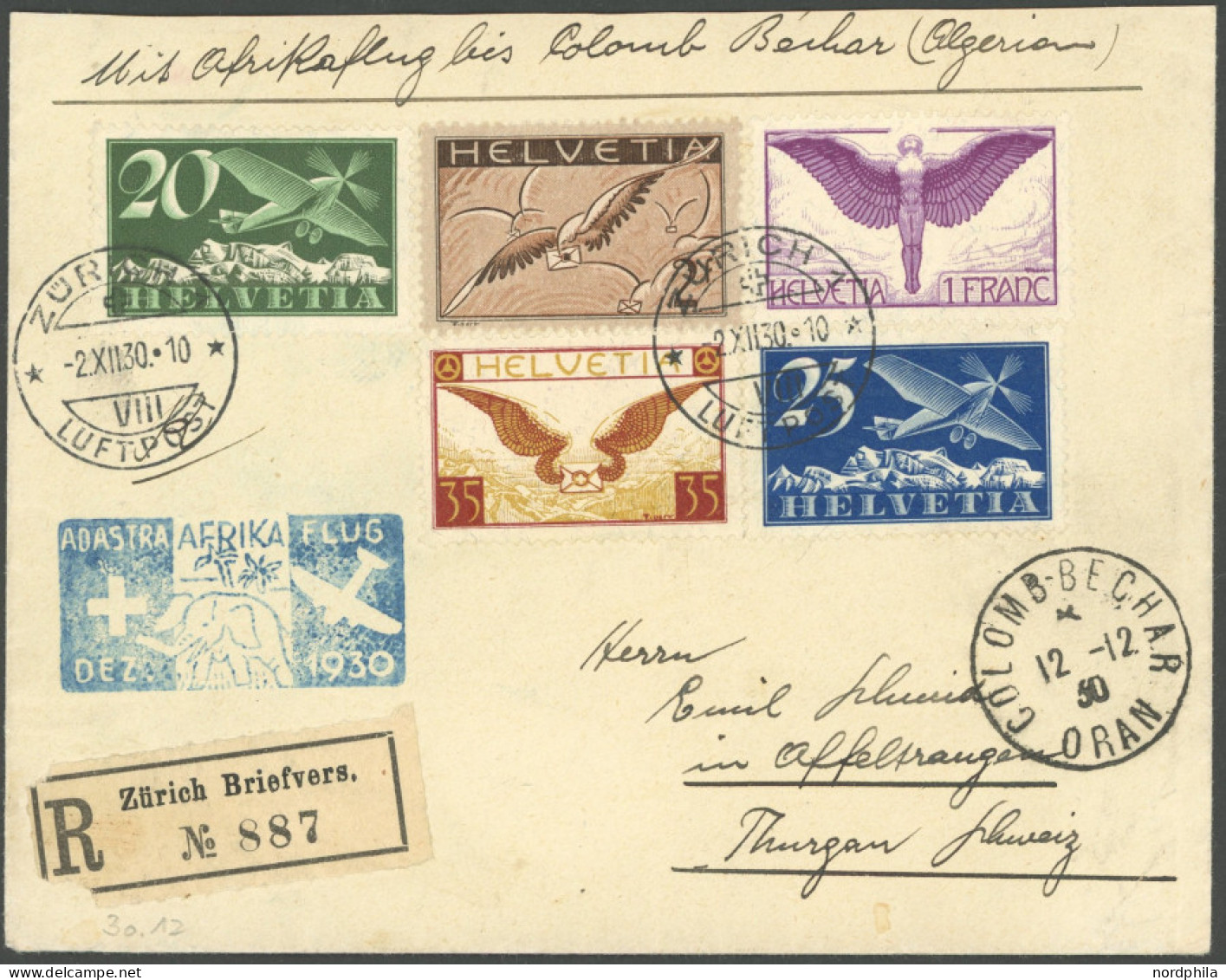 LUFTPOST SF 30.12d BRIEF, 2.12.1930, 3. SCHWEIZER AFRIKAFLUG, Zürich-Colomb Beckar, Einschreibbrief Mit Guter Frankatur, - Premiers Vols