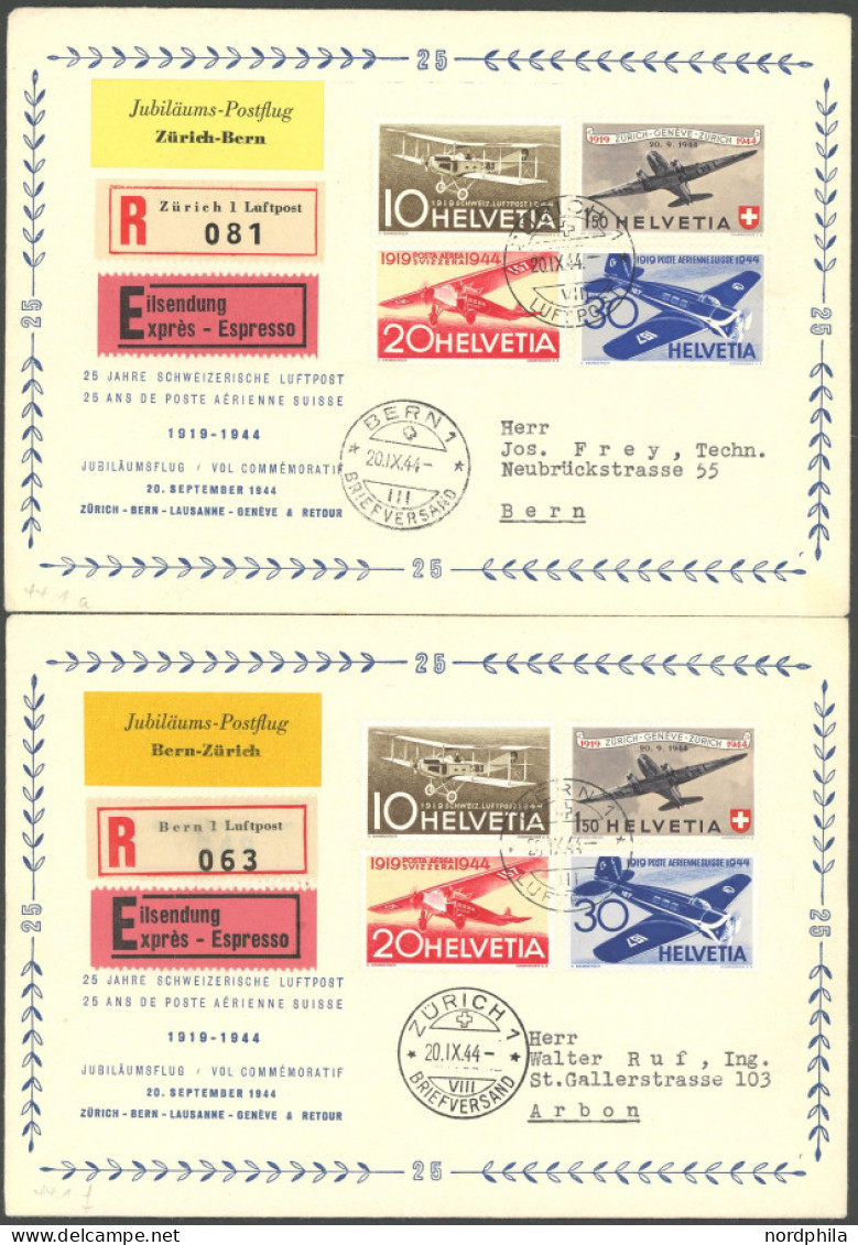 LUFTPOST SF 44.1a,f BRIEF, 20.9.1944, ZÜRICH-BERN Und BERN-ZÜRICH, 2 Eil-Einschreibbriefe, Pracht - First Flight Covers