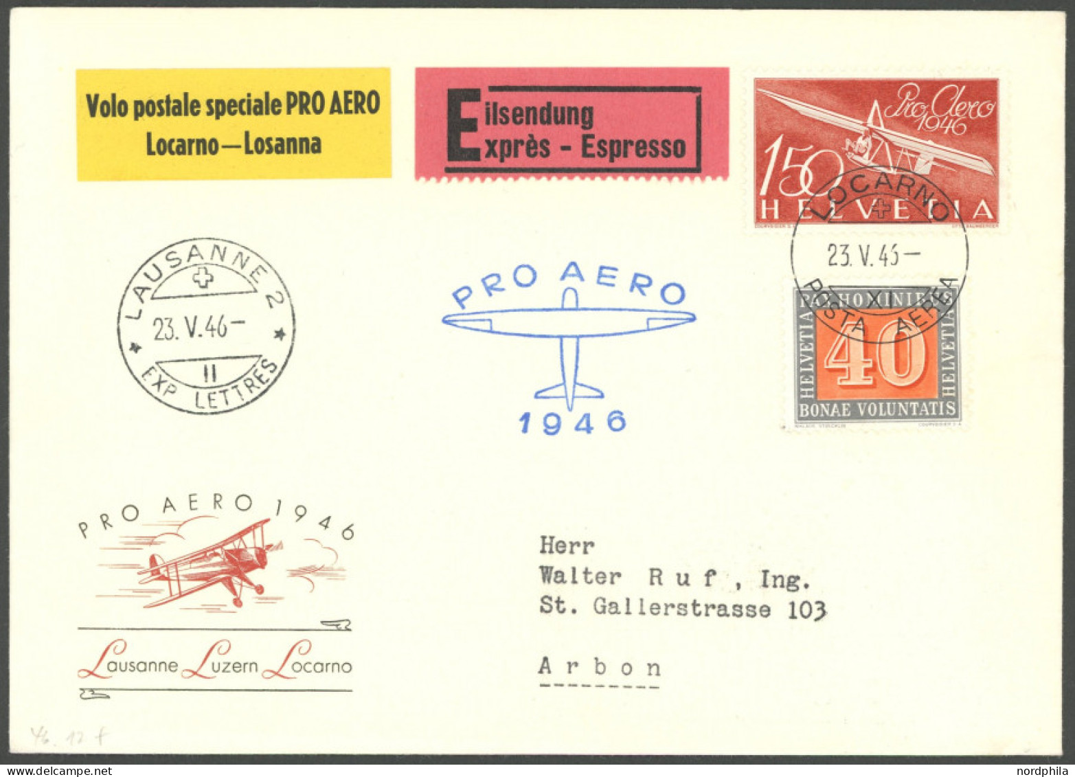 LUFTPOST SF 46.12f BRIEF, 23.5.1946, LOCARNO-LAUSANNE, Eilbrief, Pracht - Eerste Vluchten