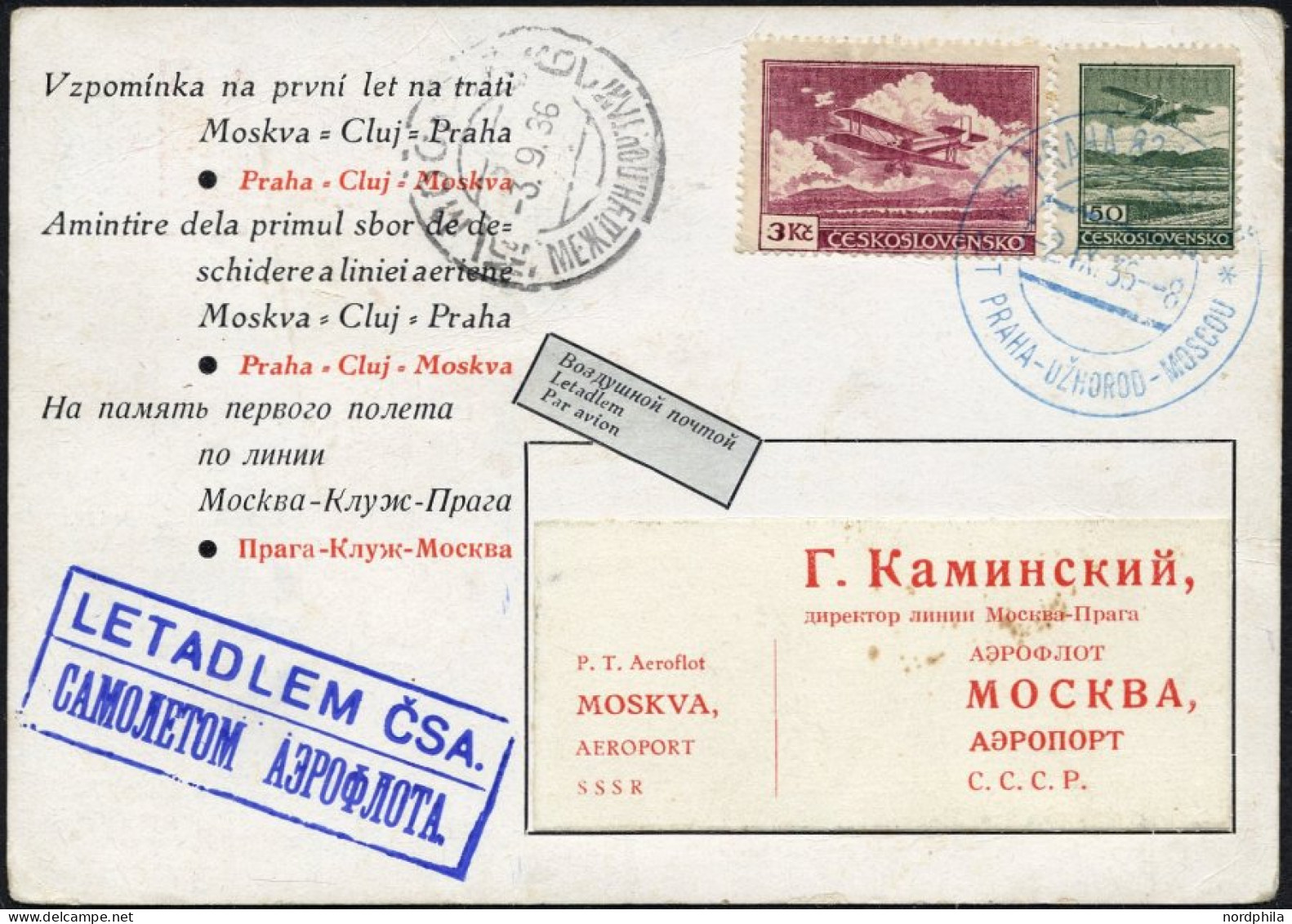 TSCHECHOSLOWAKEI 303,306 BRIEF, 2.9.36, Erstflug PRAG-CLUJ-MOSKAU, Sonderkarte, Pracht, Müller 90 - Other & Unclassified