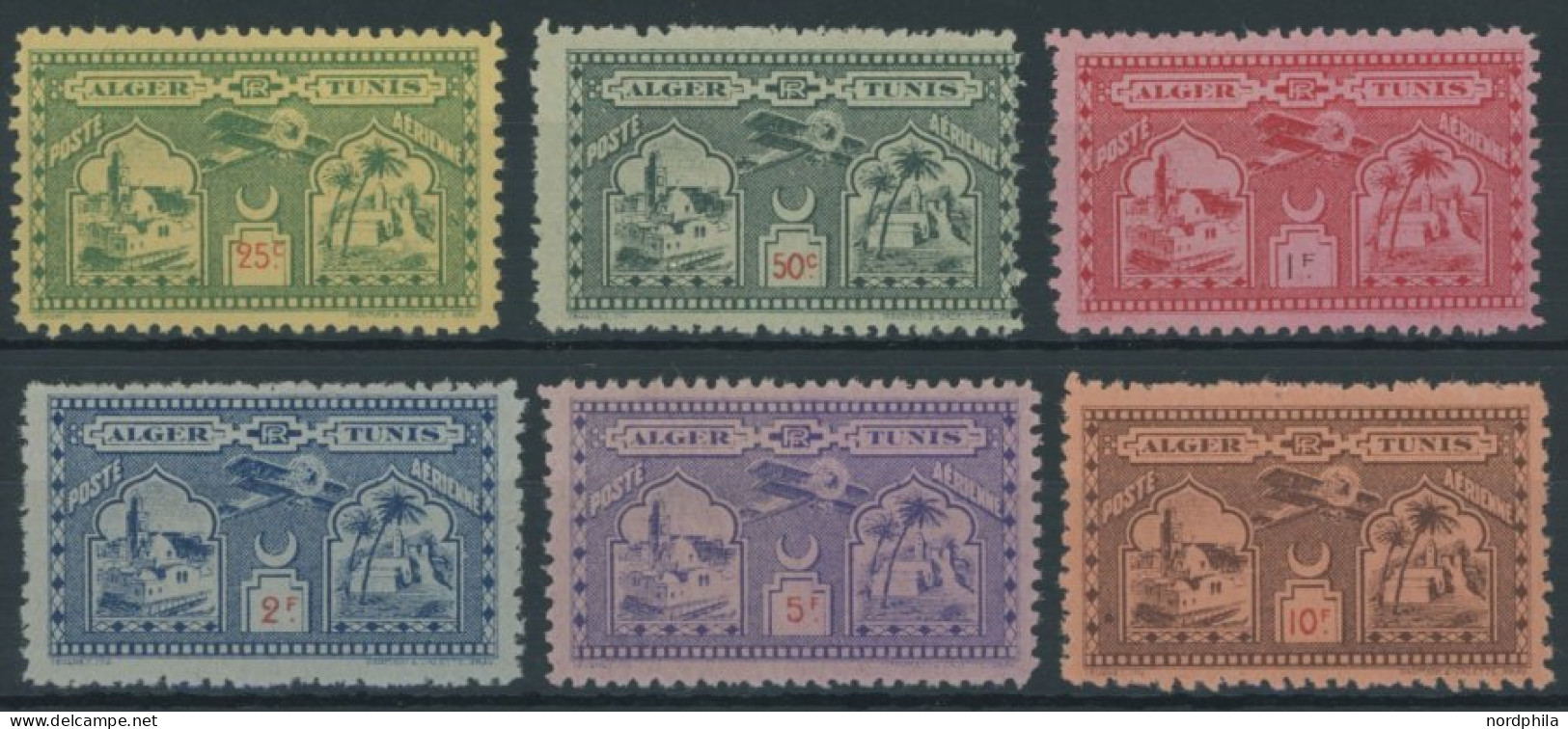 ALGERIEN , 1928, 25 - 10 Fr. Flugpost-Vignetten Alger-Tunis, 6 Postfrische Prachtwerte - Algeria (1962-...)