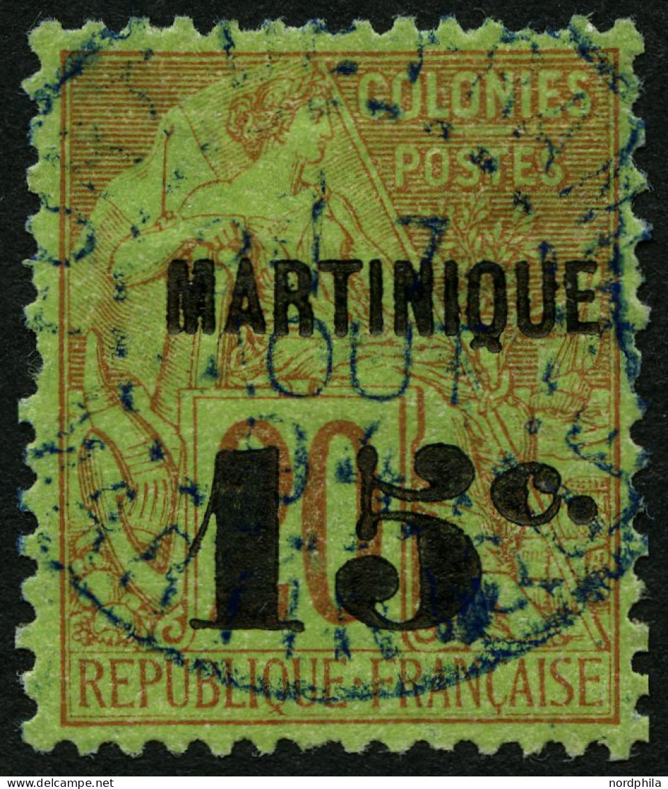 MARTINIQUE 15F O, 1888, 15 C. Auf 20 C. Rot Auf Grün, Schräge 5, Feinst (Zahnfehler), Mi. 320.- - Sonstige & Ohne Zuordnung