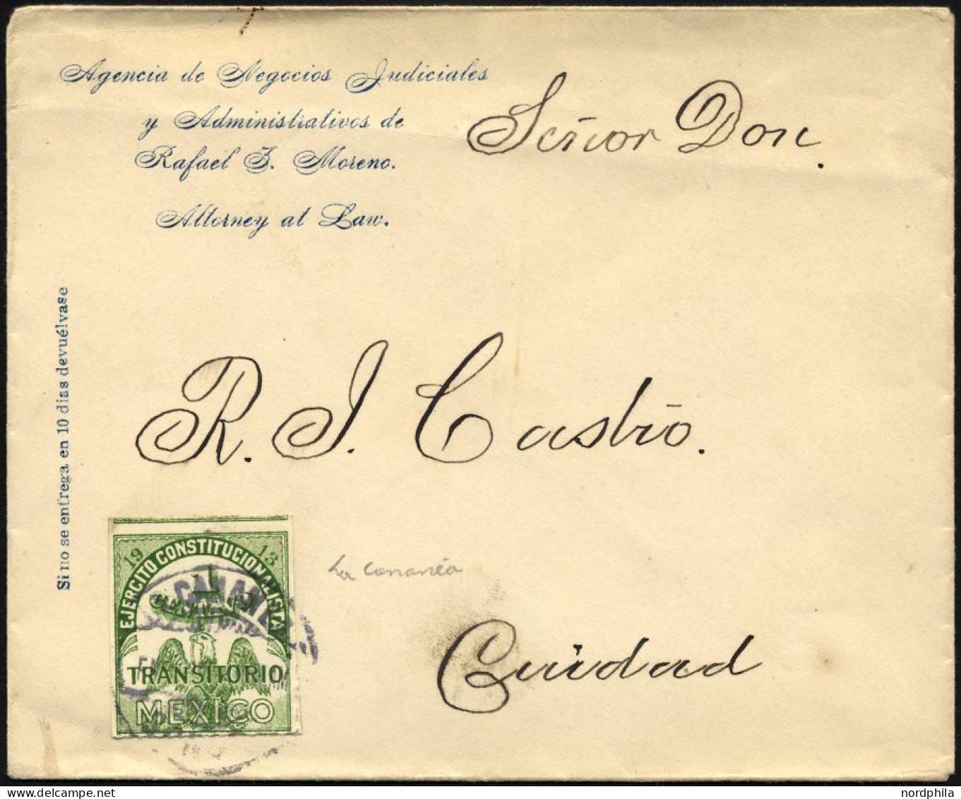 MEXIKO 269II BRIEF, 1913, 1 C. Gelbgrün, Ohne Kontrollanhänger, Auf Revolutionsbeleg Aus Dem Staate Sonora, Diese Stempe - Mexiko