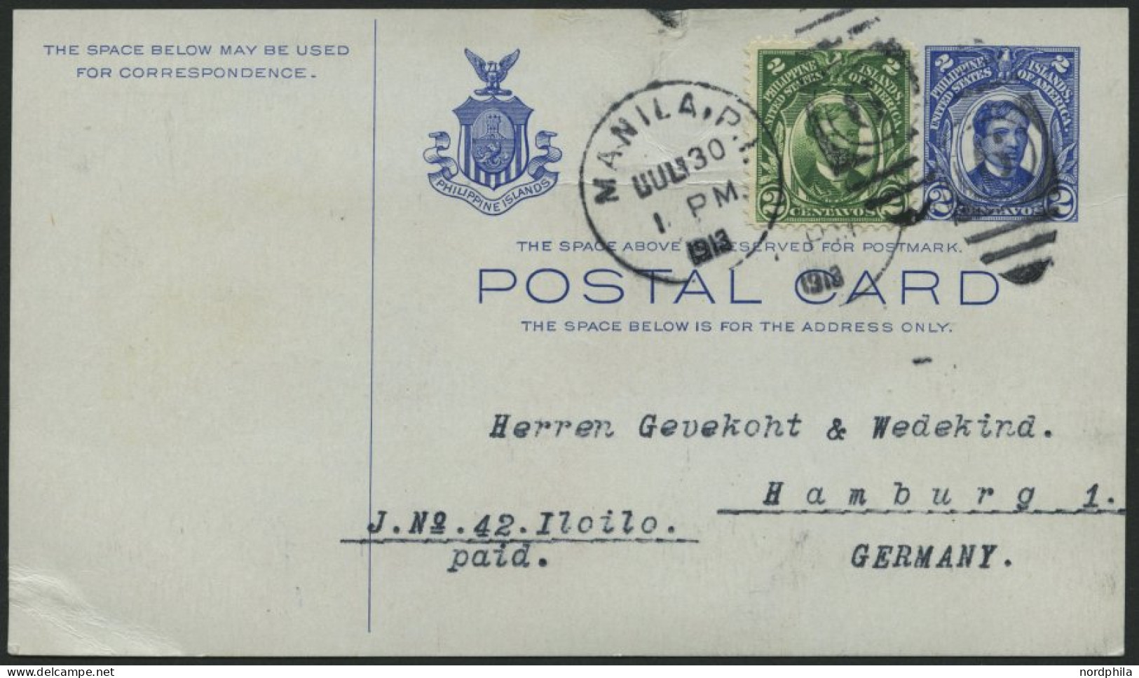 PHILIPPINEN 275 BRIEF, 1913, 2 C. Rizal Als Zusatzfrankatur Auf 2 C. Ganzsachenkarte Nach Hamburg, Pracht - Philippinen