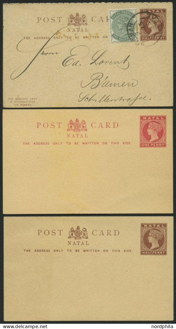NATAL 1890-1900, 2 Ungebrauchte Ganzsachenkarten Und Ein Gebrauchter Kartenbrief Mit 1/2 P. Zusatzfrankatur Nach Bremen, - Natal (1857-1909)