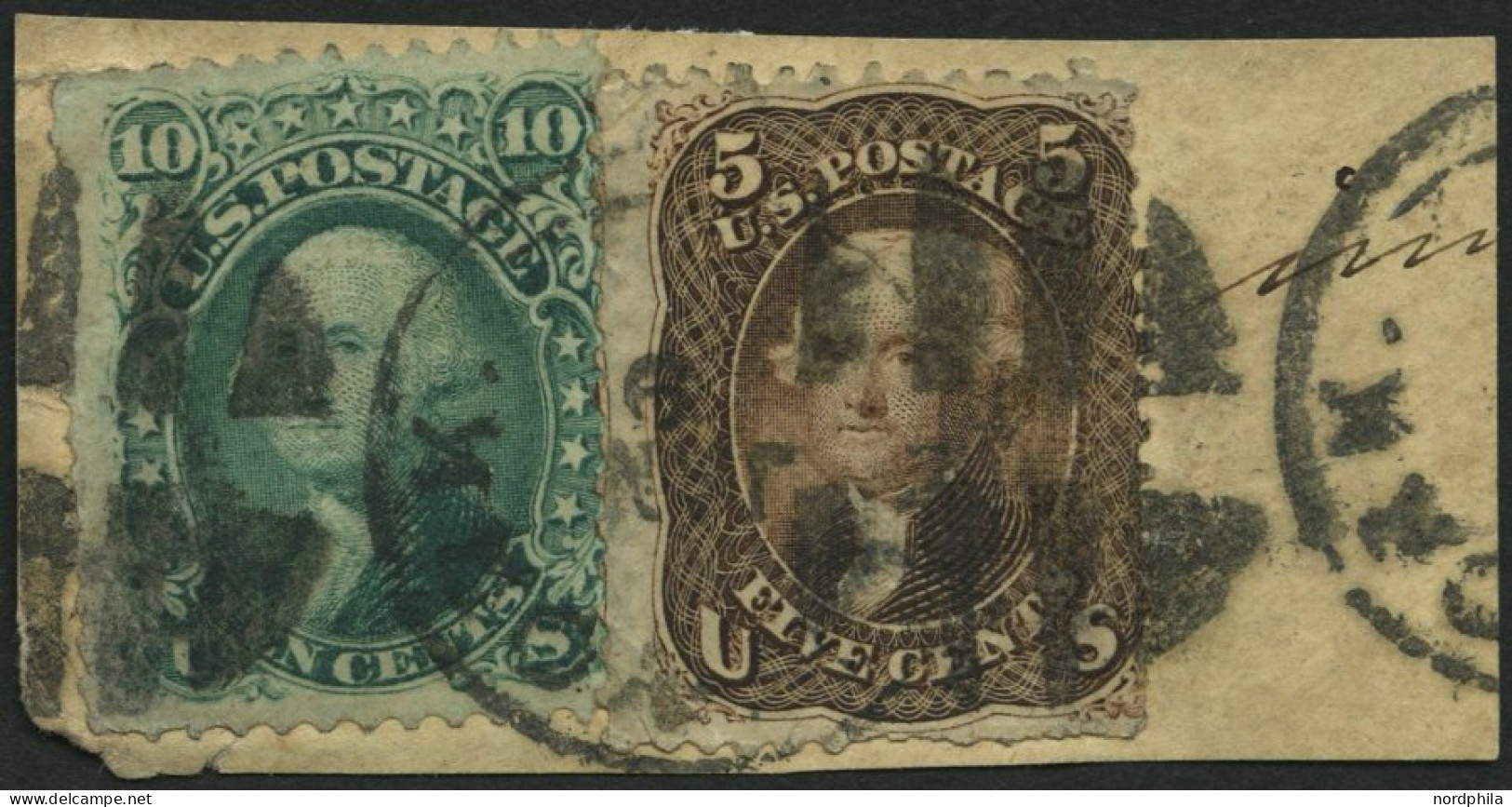 USA 19W,20W BrfStk, Scott 95/6, 1867, 5 C. Jefferson Und 10 C. Washington, Beide Waffeleinpressung, Zusammen Auf Briefst - Used Stamps