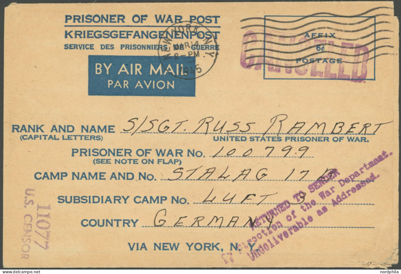 FELDPOST 1945, Kriegsgefangenen-Luftpostfaltbrief An Das Camp STALAG 17B In Deutschland, Mit Zensur Cancelled Und Rückwe - Brieven En Documenten