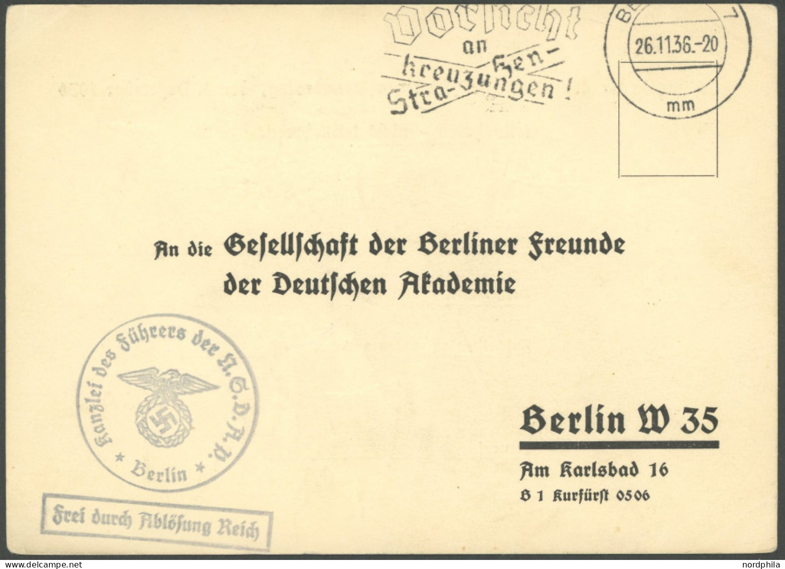 Dt. Reich 1936, Philipp Bouhler (1899-1945), NSDAP Reichsleiter, Vordruckkarte Mit Absage An Dem Wochenfrühstück Der Ges - Sonstige & Ohne Zuordnung
