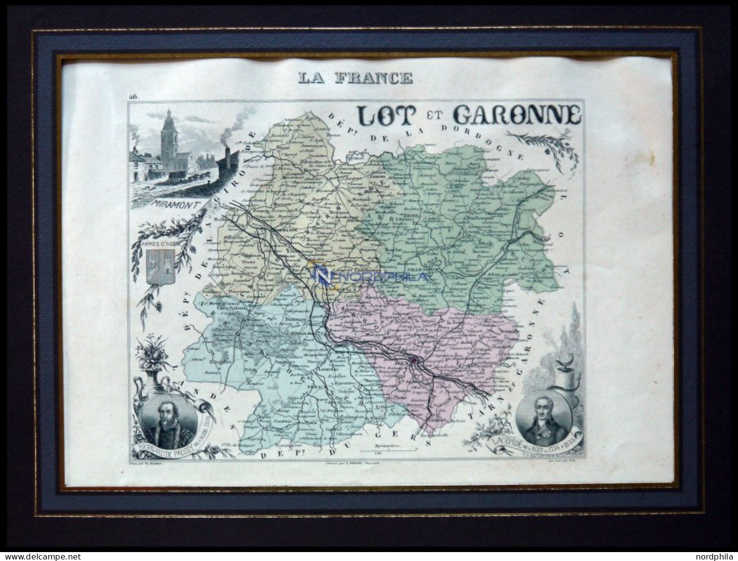 Departement Lot-et-Garonne Mit Teilansicht Von Miramont Und Dekorativer Personenstaffage, Farbiger Stahlstich Von M. Vui - Andere & Zonder Classificatie