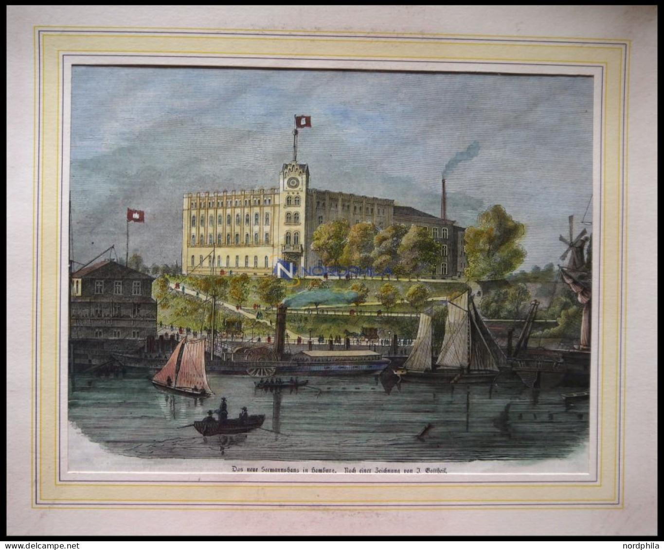 HAMBURG: Das Neue Seemannshaus, Kolorierter Holzstich Nach Gottheil Um - Estampes & Gravures