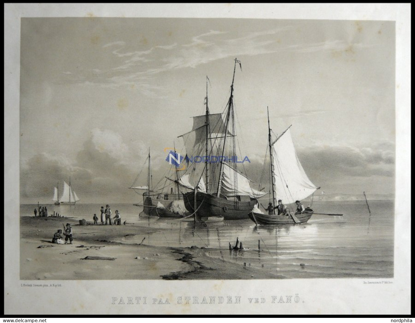 FANÖ (Parti Paa Stranden Ved Fanö), Strandszene Mit Schiffen, Lithographie Mit Tonplatte Von Alexander Nay Nach C. Frede - Lithographies