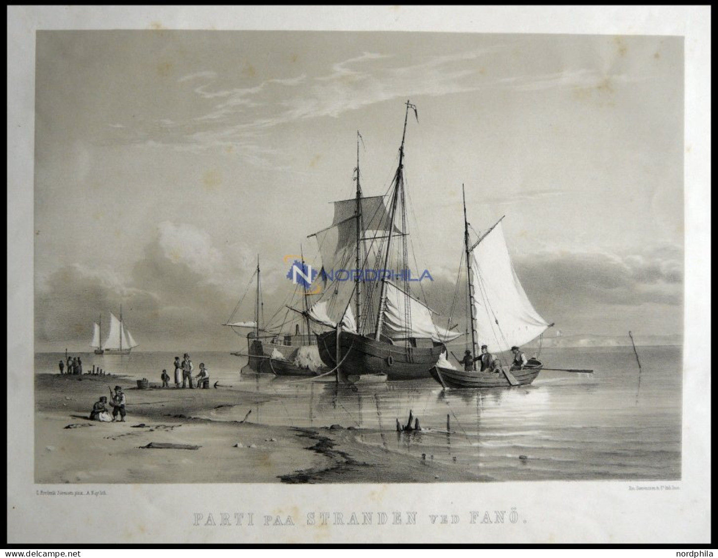 FANÖ (Parti Paa Stranden Ved Fanö), Strandszene Mit Schiffen, Lithographie Mit Tonplatte Von Alexander Nay Nach C. Frede - Lithografieën