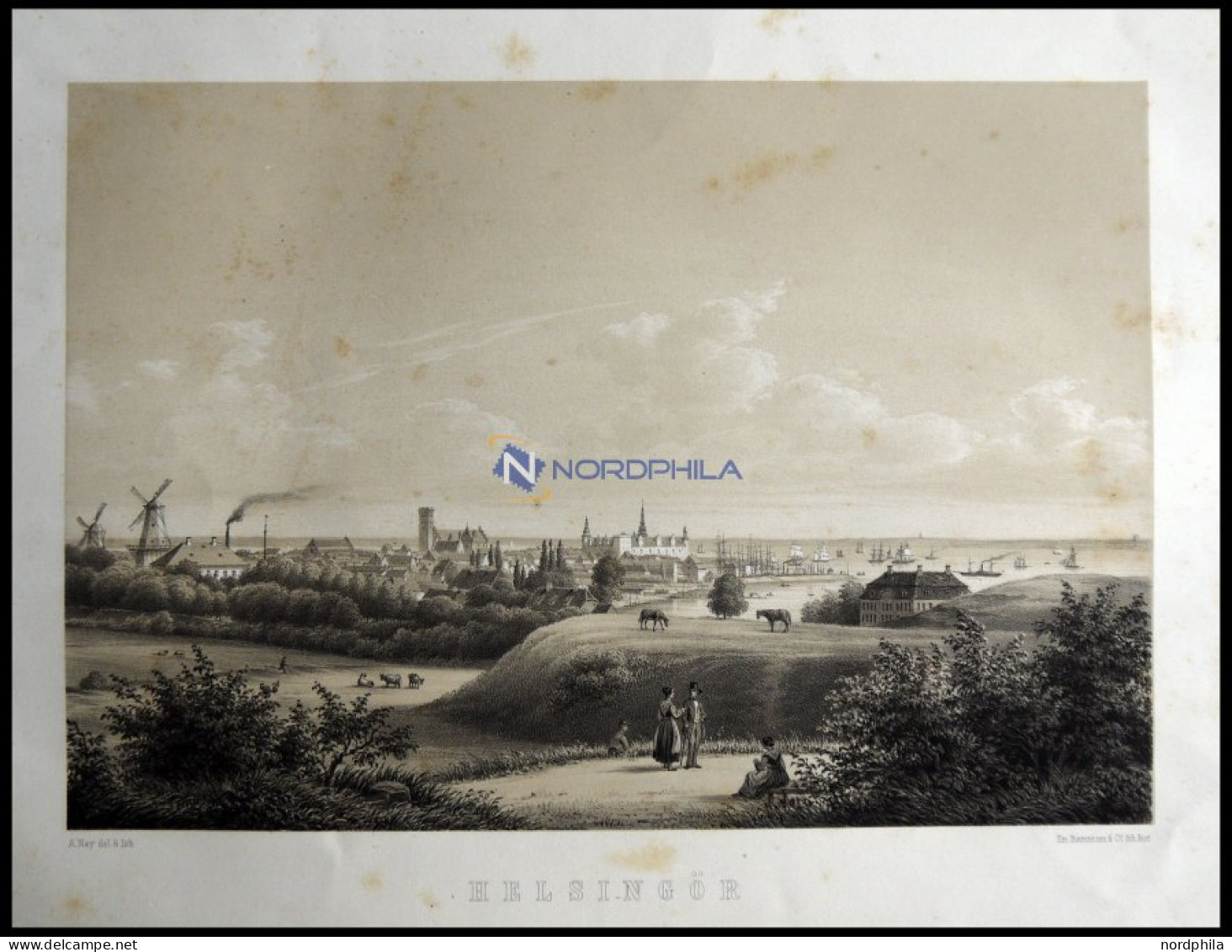 HELSINGØR (Helsingør), Gesamtansicht , Lithographie Mit Tonplatte Von Alexander Nay Bei Emil Baerentzen, 1856, Leicht St - Lithografieën