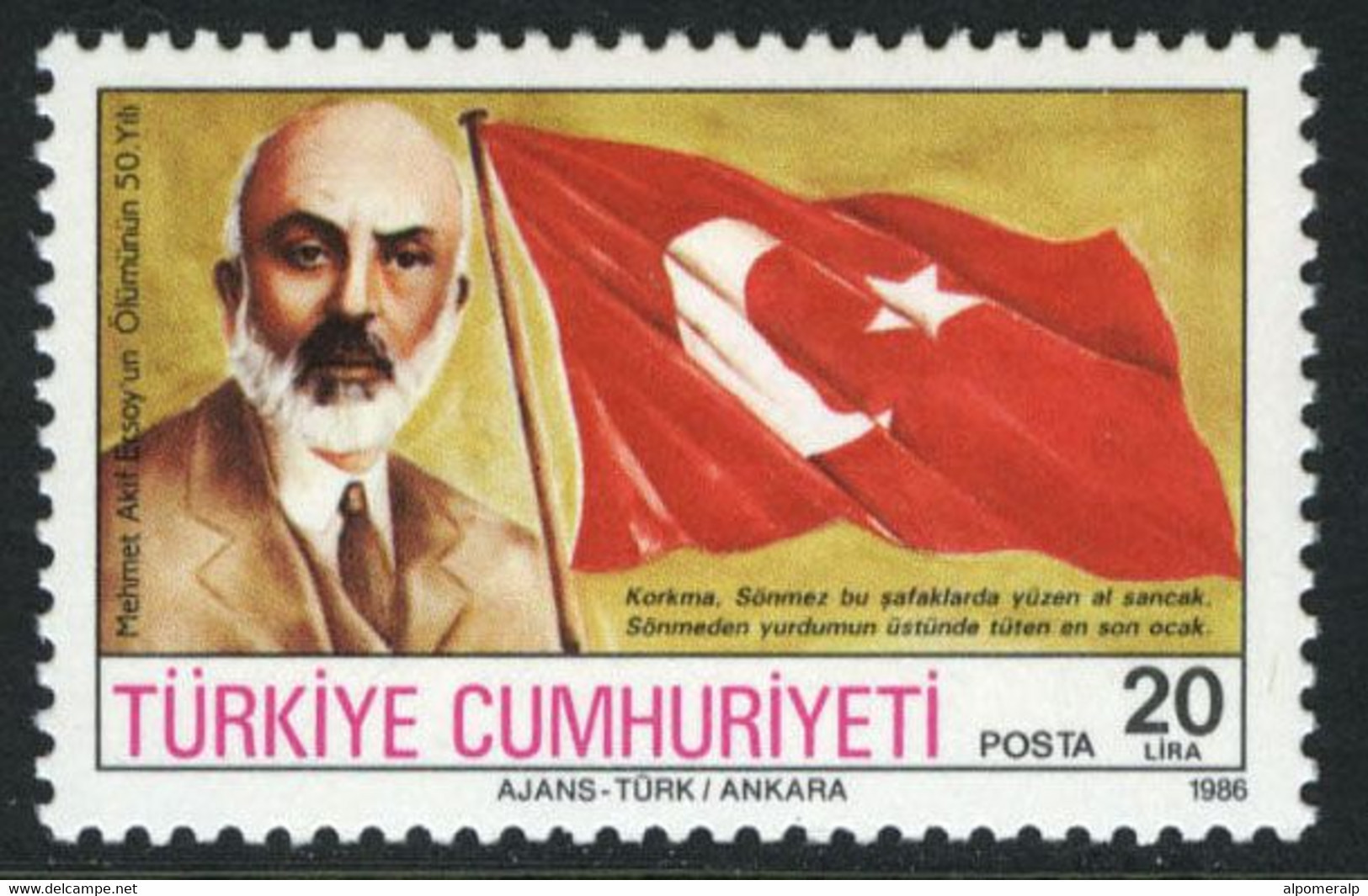 Türkiye 1986 Mi 2765 MNH M.A. Ersoy (1873-1936), Poet, National Anthem Writer And Veterinarian | Flag - Neufs