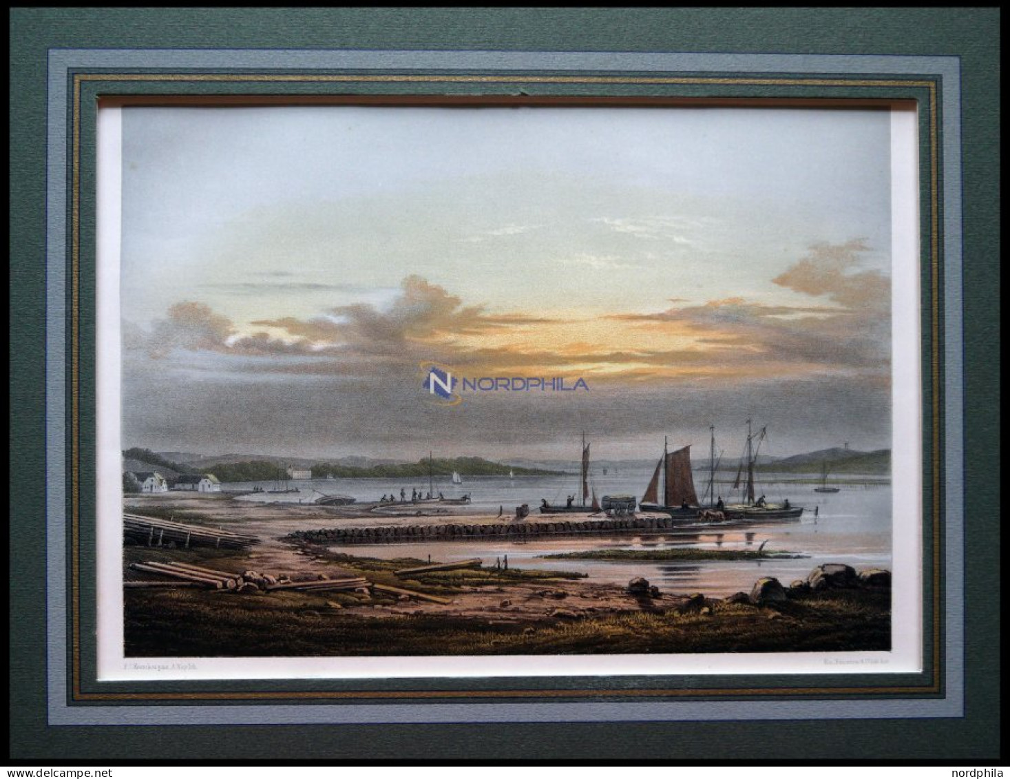 NIBE (Parti Ved Liimfjorden Ved Nibe), Limfjord, Ansicht Mit Fischerhäusern Und Booten, Kolorierte Lithographie Mit Tonp - Lithografieën