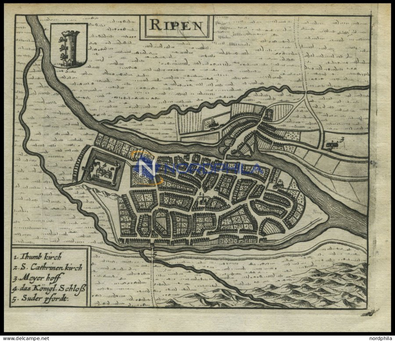 RIPEN, Stadtplan Mit Den Königlichen Schloß, Kupferstich Von Zeiller 1655 - Lithographien