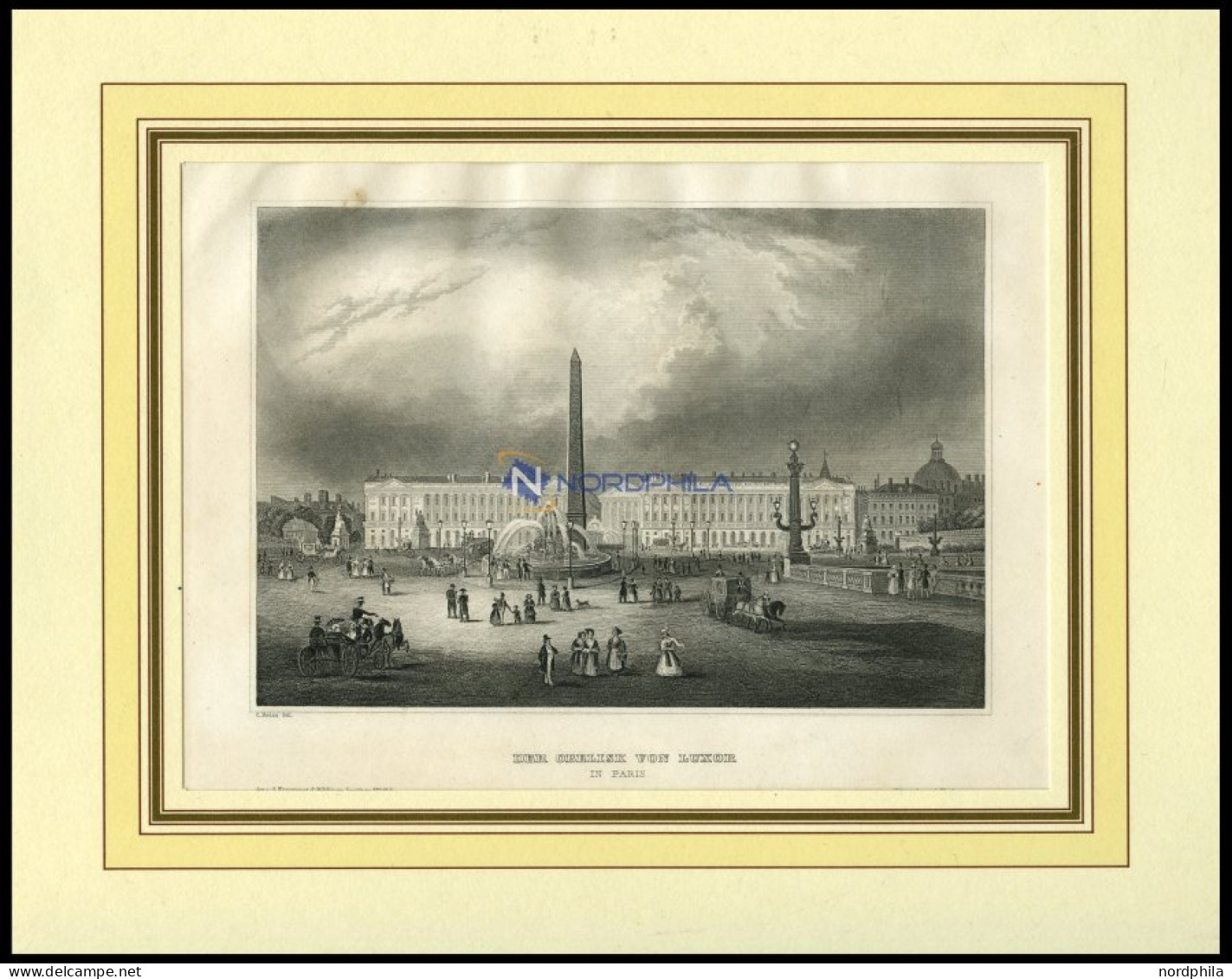 PARIS: Der Obelisk Von Luxor, Mit Hübscher Personenstaffage Im Vordergrund, Stahlstich Von B.I. Um 1840 - Lithografieën