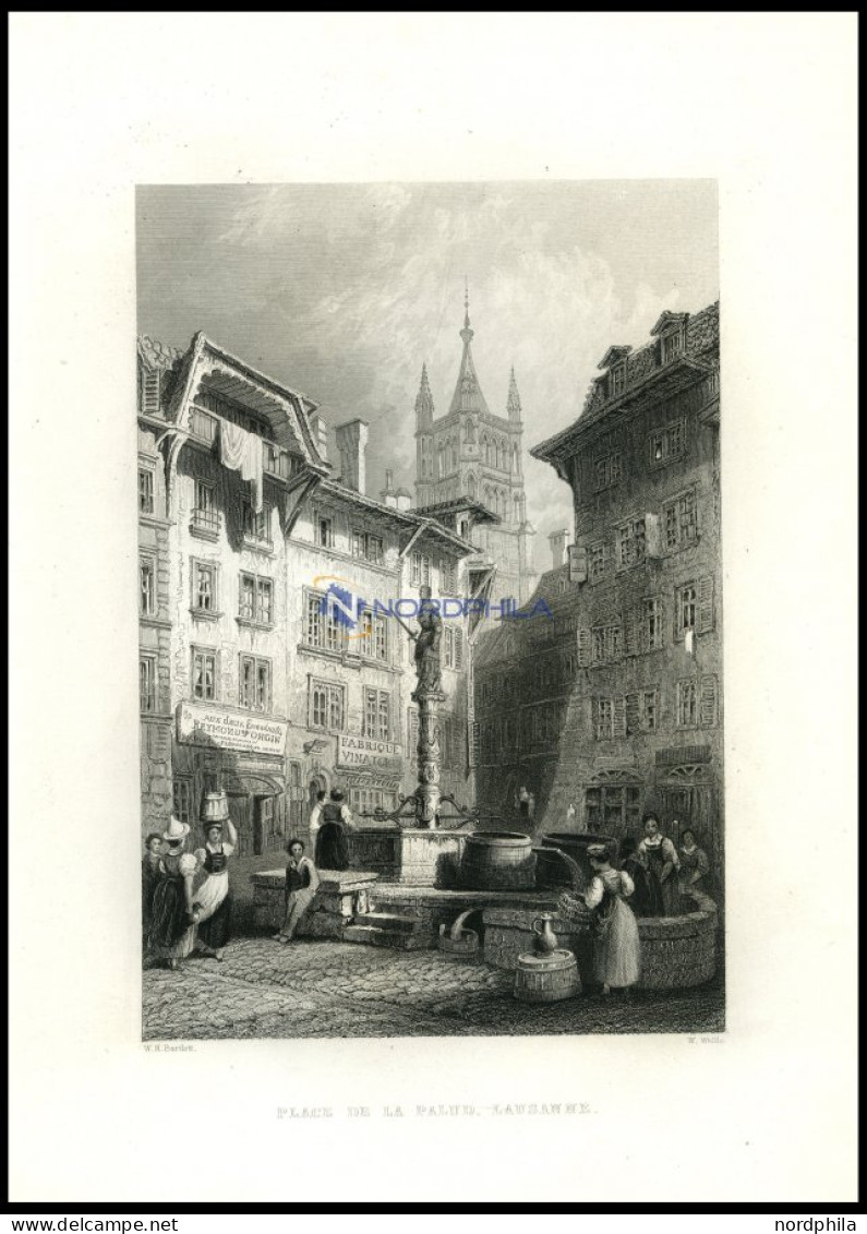 LAUSANNE, Teilansicht, Brunnenszene, Stahlstich Von Bartlett/Wallis, 1836 - Lithografieën