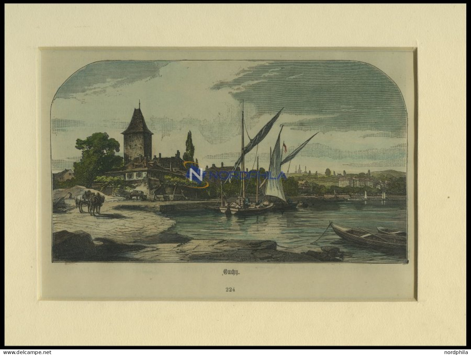 OUCHY, Gesamtansicht Mit Segelschiffen Im Vordergrund, Kolorierter Holzstich Um Um 1880 - Lithographies