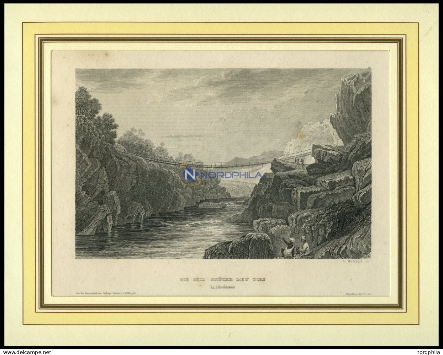 INDIEN: Hindostan, Die Seilbrücke Bei Tiri, Stahlstich Von B.I. Um 1840 - Lithographien