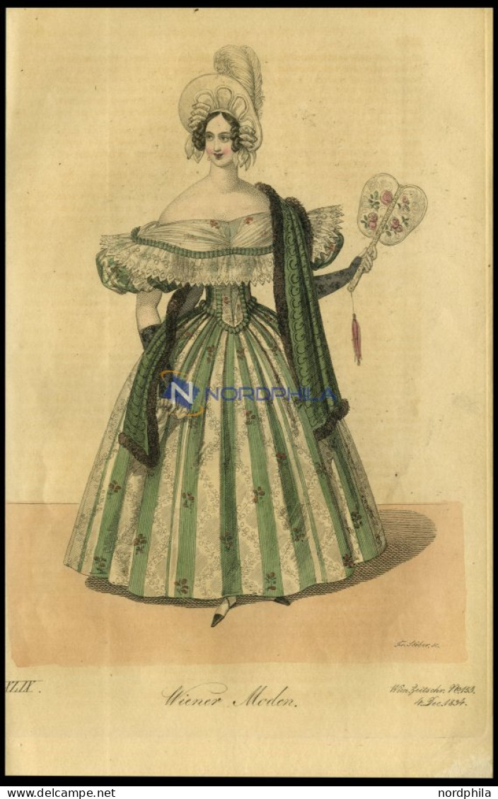 Wiener-Moden - Kleid Aus Satin Pompadour Mit Blonden Geputzt, Dazu Mantille Von Samt Mit Zobel Verziert, Altkolorierter  - Lithografieën