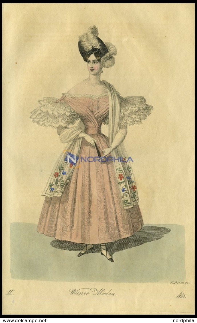 Wiener-Moden - Kleid Von Papeurfärbigem, Faconnirt-und Gestreiften Gros-de-Naples Mit Einem Schalleibchen, Dazu Ein Mit  - Lithografieën