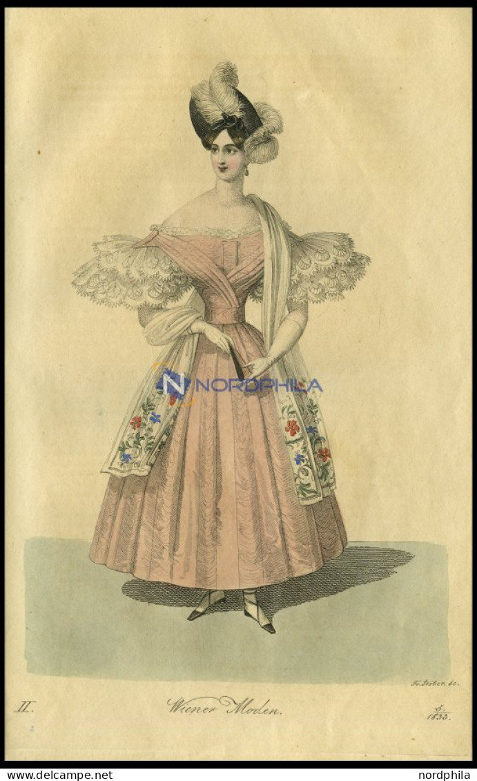 Wiener-Moden - Kleid Von Papeurfärbigem, Faconnirt-und Gestreiften Gros-de-Naples Mit Einem Schalleibchen, Dazu Ein Mit  - Lithographies